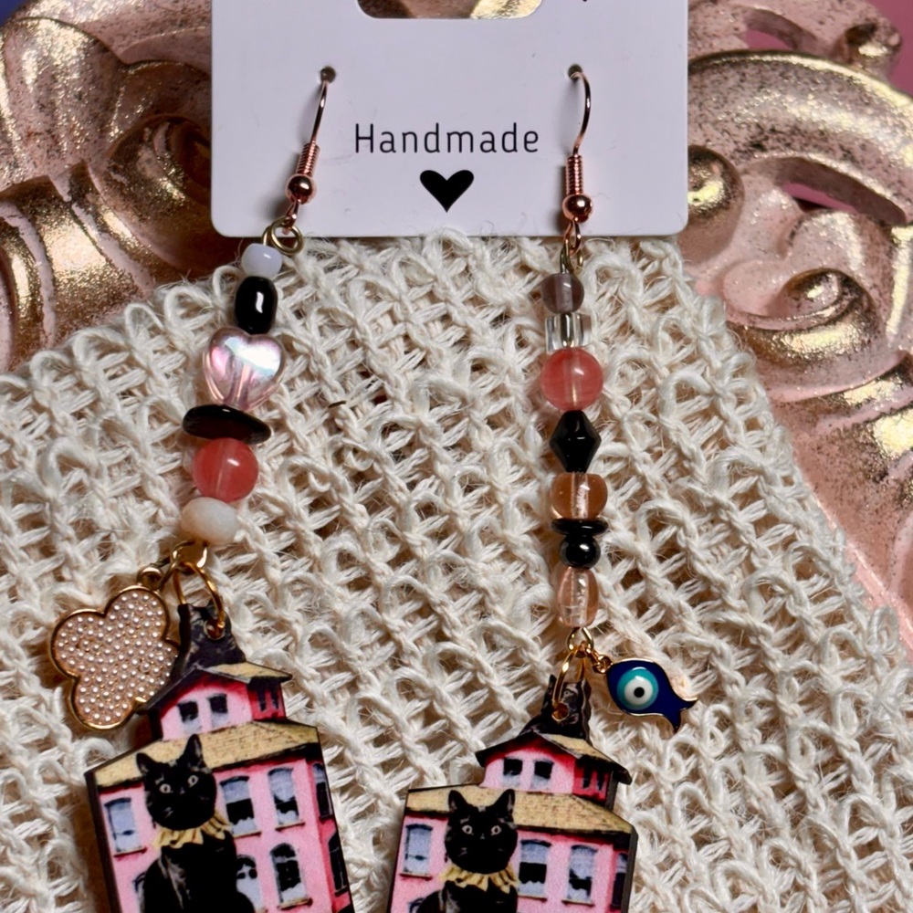 Handmade Cat Earrings with Beaded Accents